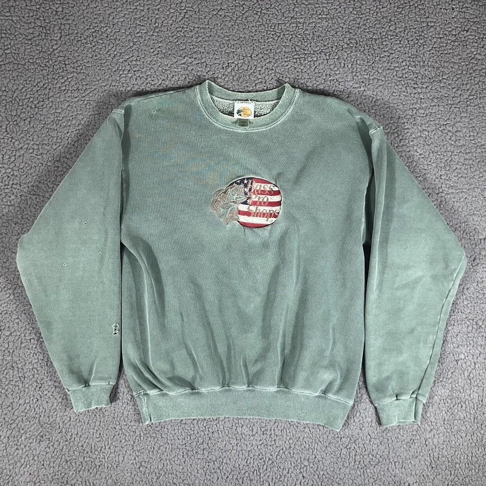 Vintage Bass Pro Shops Embroidered American Flag Fish Sweatshirt Sage Green M